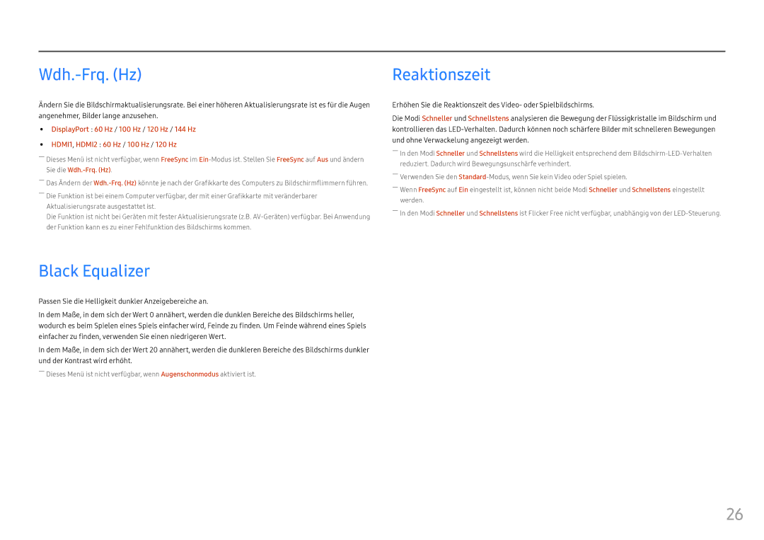 Samsung LC27FG70FQUXEN, LC24FG70FQUXEN manual Wdh.-Frq. Hz, Black Equalizer, Reaktionszeit 