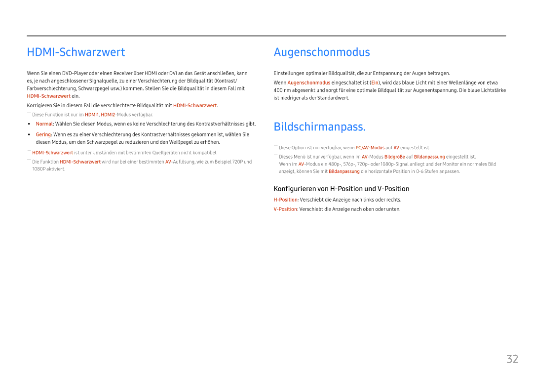 Samsung LC27FG70FQUXEN, LC24FG70FQUXEN manual HDMI-Schwarzwert, Augenschonmodus, Bildschirmanpass 