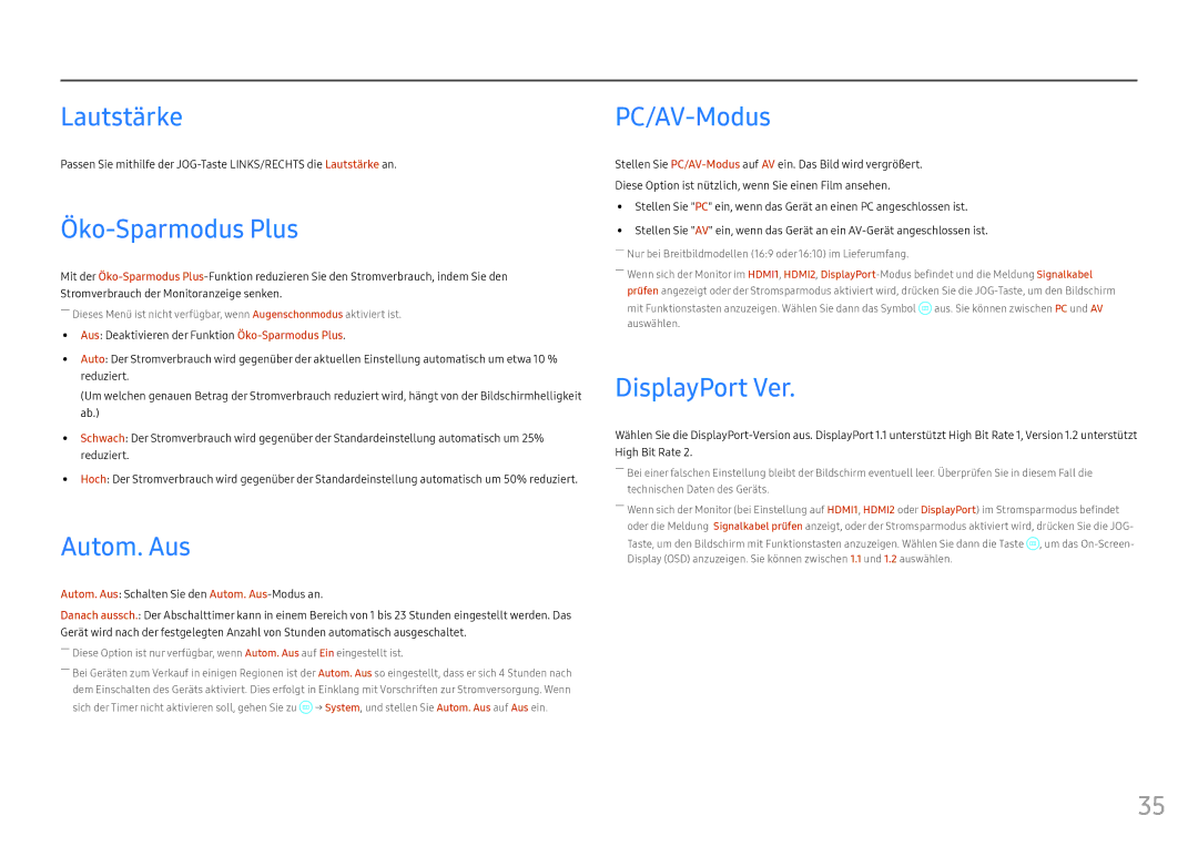 Samsung LC24FG70FQUXEN, LC27FG70FQUXEN manual Lautstärke, Öko-Sparmodus Plus, Autom. Aus, PC/AV-Modus, DisplayPort Ver 