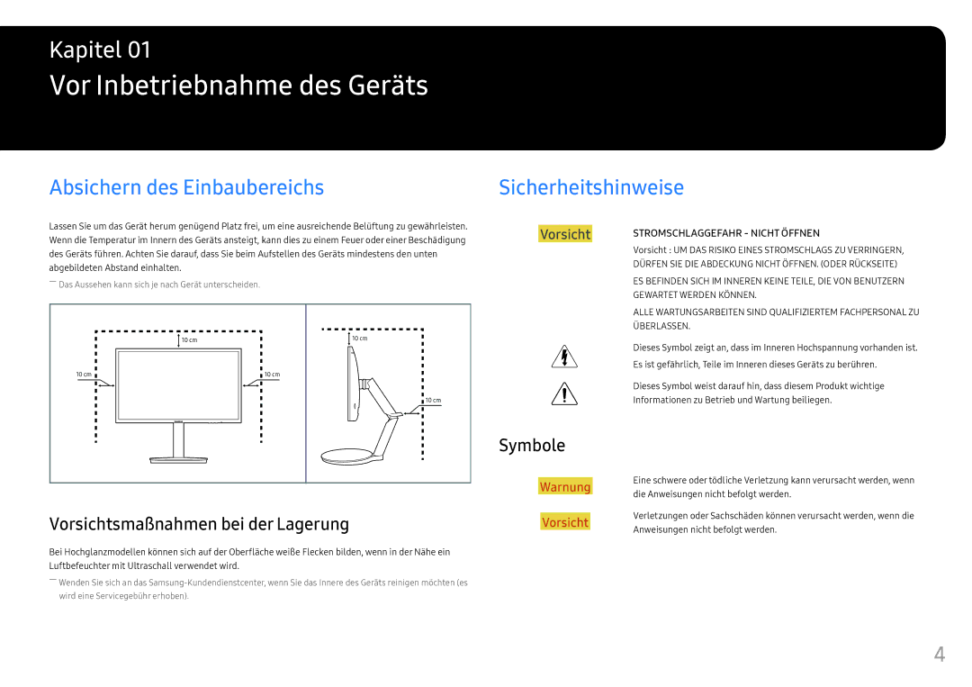 Samsung LC27FG70FQUXEN manual Vor Inbetriebnahme des Geräts, Absichern des Einbaubereichs, Sicherheitshinweise, Symbole 