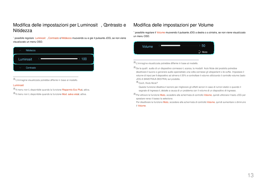 Samsung LC24FG70FQUXEN, LC27FG70FQUXEN manual Modifica delle impostazioni per Volume, Luminosità 