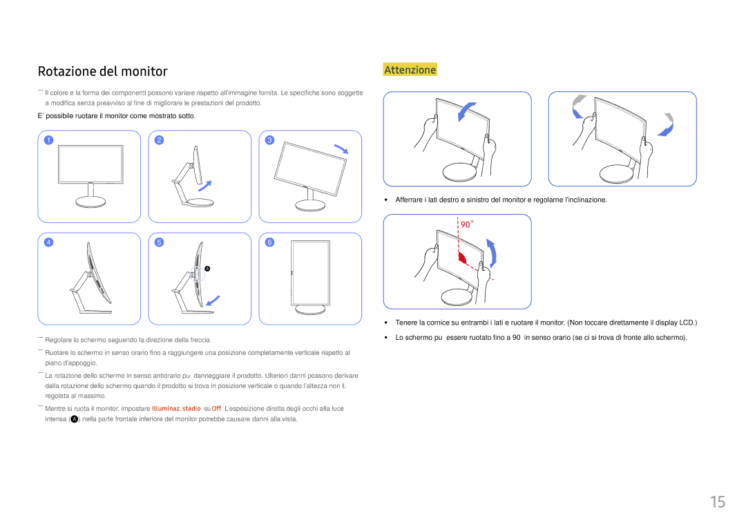 Samsung LC24FG70FQUXEN, LC27FG70FQUXEN manual Rotazione del monitor, Attenzione 