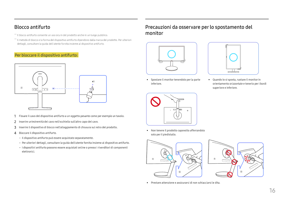 Samsung LC27FG70FQUXEN, LC24FG70FQUXEN manual Blocco antifurto, Precauzioni da osservare per lo spostamento del monitor 