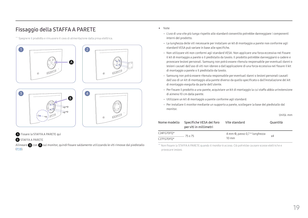 Samsung LC24FG70FQUXEN, LC27FG70FQUXEN manual Fissaggio della Staffa a Parete 