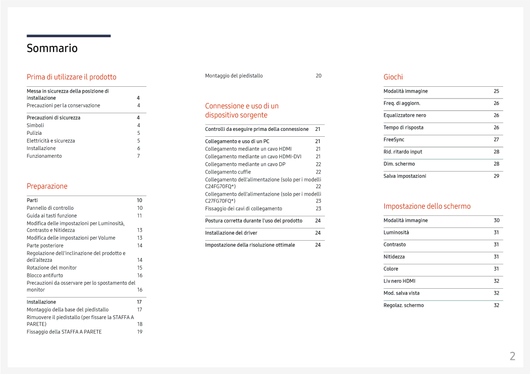 Samsung LC27FG70FQUXEN, LC24FG70FQUXEN manual Sommario 