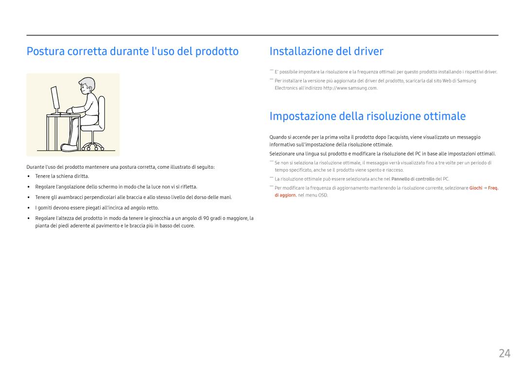 Samsung LC27FG70FQUXEN, LC24FG70FQUXEN manual Postura corretta durante luso del prodotto, Installazione del driver 