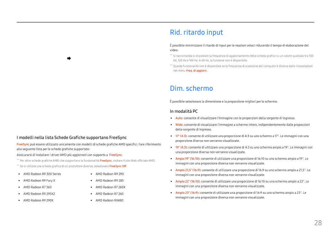 Samsung LC27FG70FQUXEN, LC24FG70FQUXEN manual Rid. ritardo input, Dim. schermo 