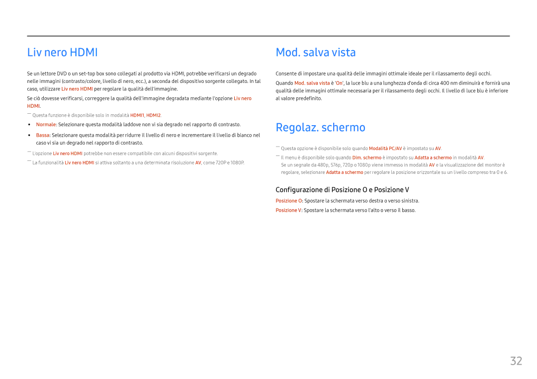 Samsung LC27FG70FQUXEN, LC24FG70FQUXEN manual Liv nero Hdmi, Mod. salva vista, Regolaz. schermo 