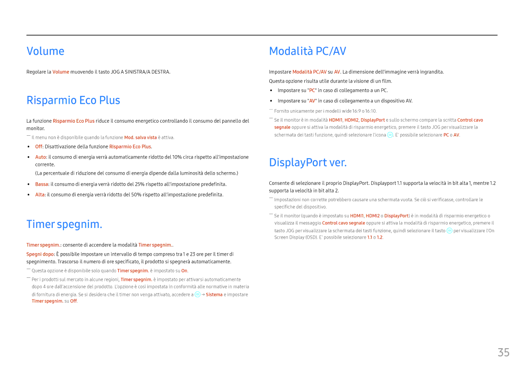 Samsung LC24FG70FQUXEN, LC27FG70FQUXEN manual Volume, Risparmio Eco Plus, Timer spegnim, Modalità PC/AV, DisplayPort ver 