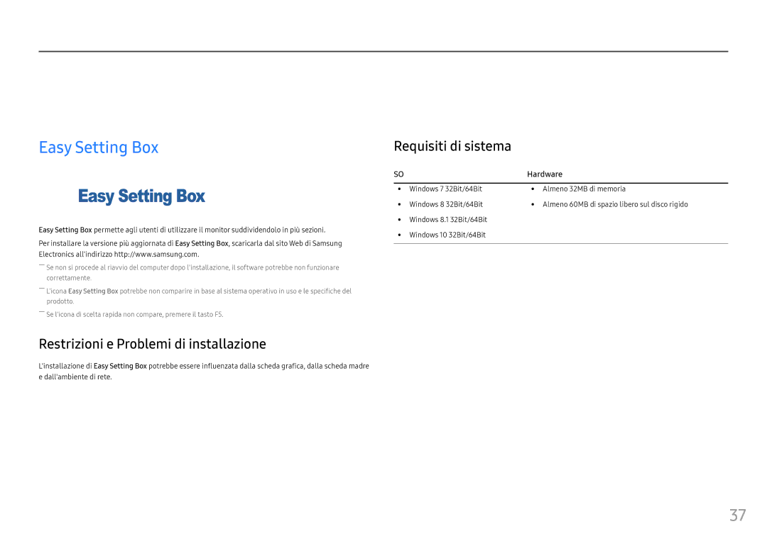 Samsung LC24FG70FQUXEN manual Installazione del software, Easy Setting Box, Restrizioni e Problemi di installazione 