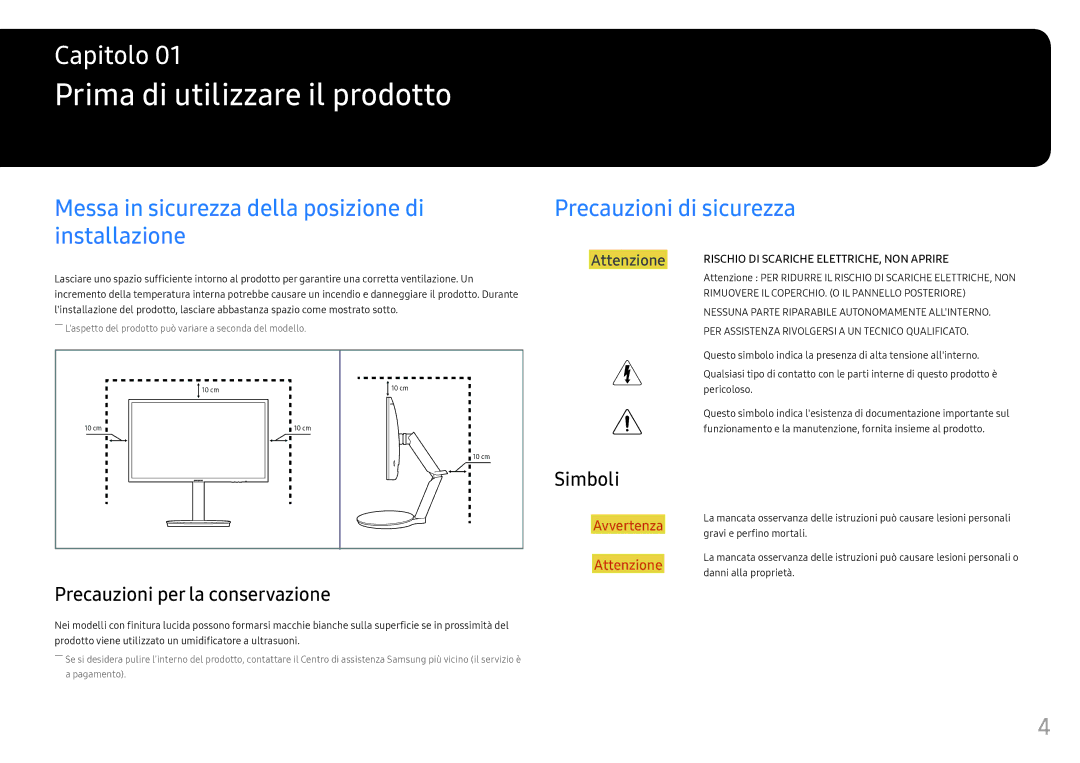 Samsung LC27FG70FQUXEN, LC24FG70FQUXEN manual Prima di utilizzare il prodotto, Precauzioni per la conservazione, Simboli 