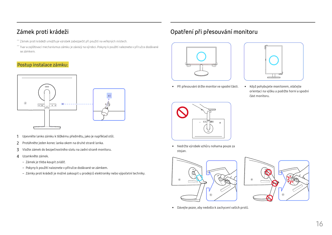 Samsung LC27FG70FQUXEN, LC24FG70FQUXEN manual Zámek proti krádeži, Opatření při přesouvání monitoru, Část monitoru 