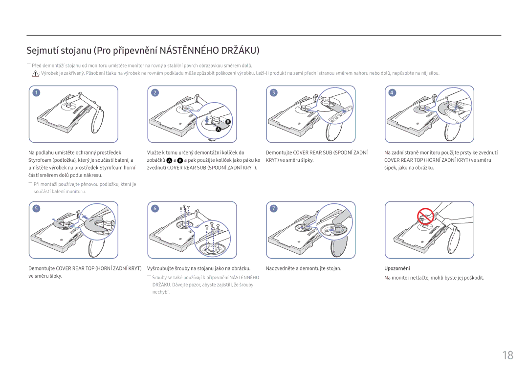 Samsung LC27FG70FQUXEN, LC24FG70FQUXEN manual Sejmutí stojanu Pro připevnění Nástěnného Držáku, Upozornění 