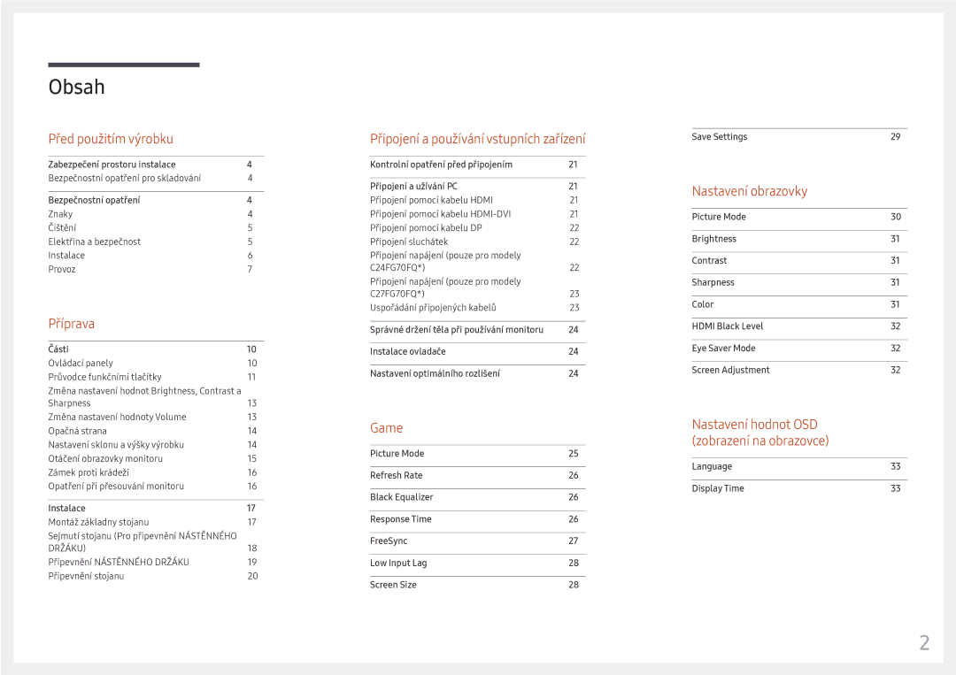 Samsung LC27FG70FQUXEN, LC24FG70FQUXEN manual Obsah 