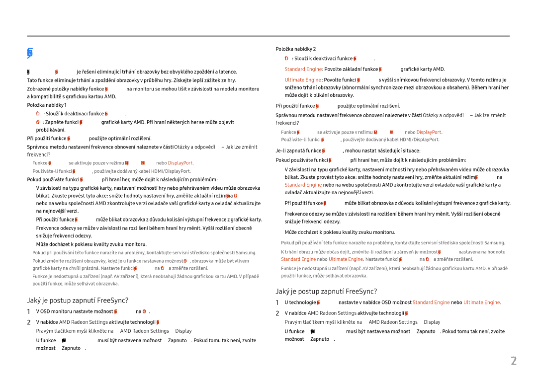Samsung LC24FG70FQUXEN, LC27FG70FQUXEN manual Jaký je postup zapnutí FreeSync? 