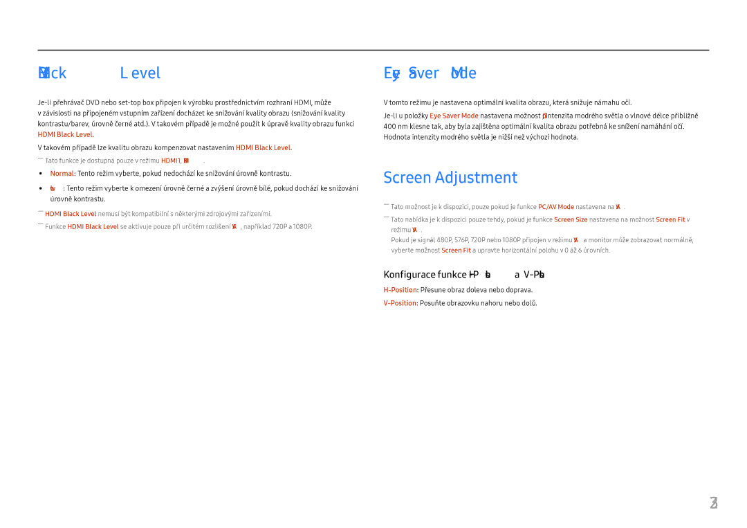 Samsung LC27FG70FQUXEN, LC24FG70FQUXEN manual Hdmi Black Level, Eye Saver Mode, Screen Adjustment 