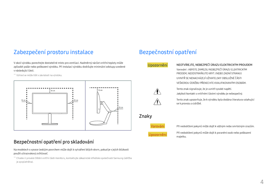 Samsung LC27FG70FQUXEN, LC24FG70FQUXEN Před použitím výrobku, Zabezpečení prostoru instalace, Bezpečnostní opatření, Znaky 