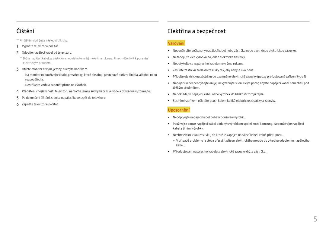 Samsung LC24FG70FQUXEN, LC27FG70FQUXEN manual Čištění, Elektřina a bezpečnost 