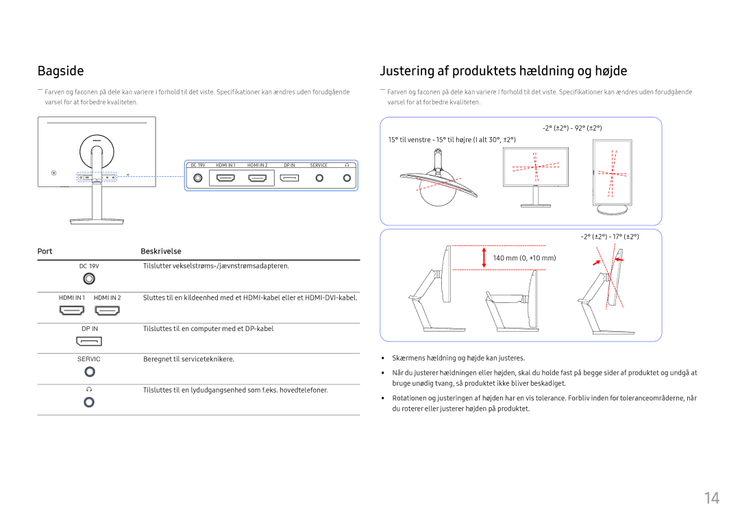 Samsung LC27FG70FQUXEN Bagside Justering af produktets hældning og højde, ±2 92 ±2 Til venstre 15 til højre I alt 30, ±2 