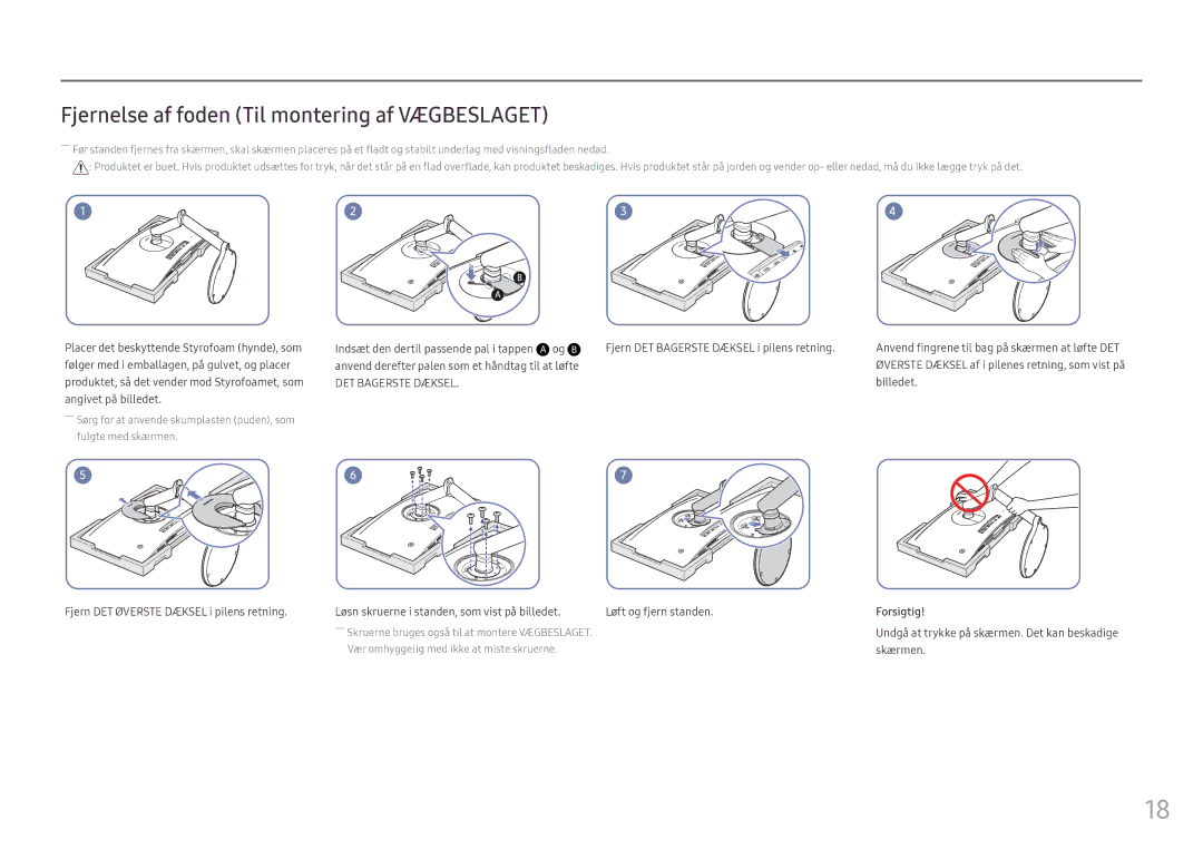 Samsung LC27FG70FQUXEN, LC24FG70FQUXEN manual Fjernelse af foden Til montering af Vægbeslaget 