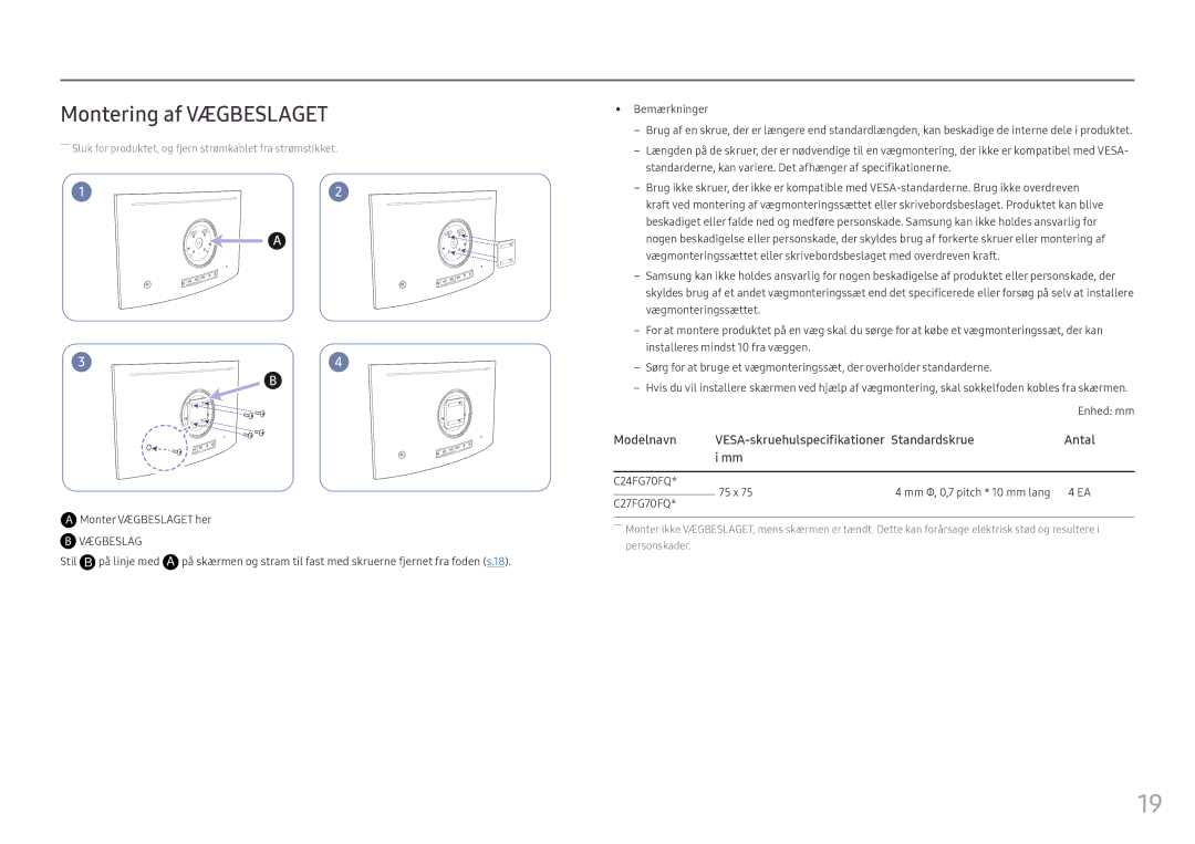 Samsung LC24FG70FQUXEN, LC27FG70FQUXEN manual Montering af Vægbeslaget, Stil B på linje med 