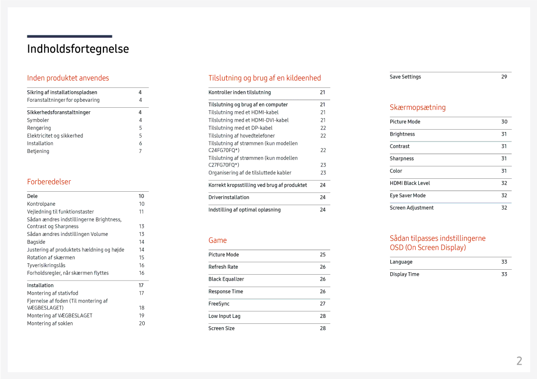 Samsung LC27FG70FQUXEN, LC24FG70FQUXEN manual Indholdsfortegnelse 