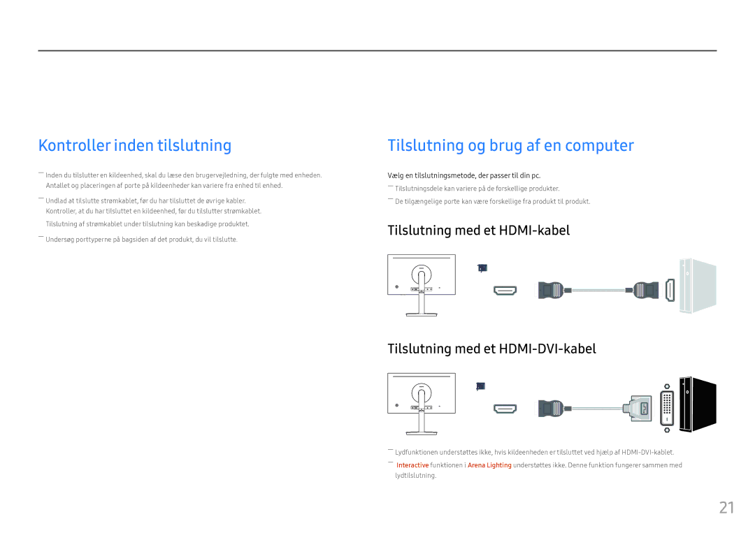 Samsung LC24FG70FQUXEN Tilslutning og brug af en kildeenhed, Kontroller inden tilslutning, Tilslutning med et HDMI-kabel 