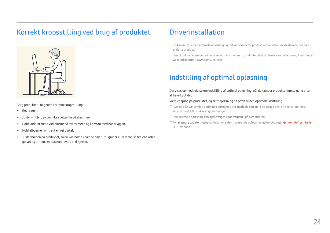 Samsung LC27FG70FQUXEN Korrekt kropsstilling ved brug af produktet, Driverinstallation, Indstilling af optimal opløsning 