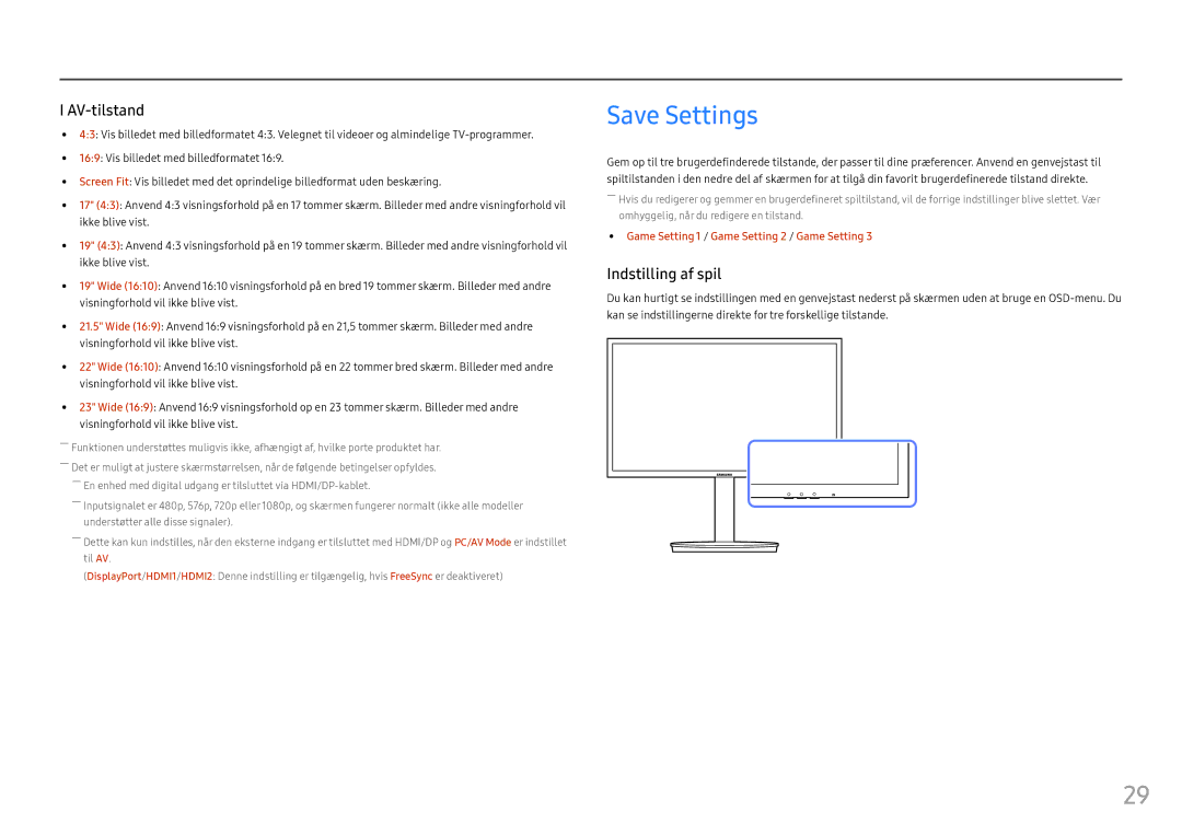 Samsung LC24FG70FQUXEN, LC27FG70FQUXEN manual Save Settings, Indstilling af spil 