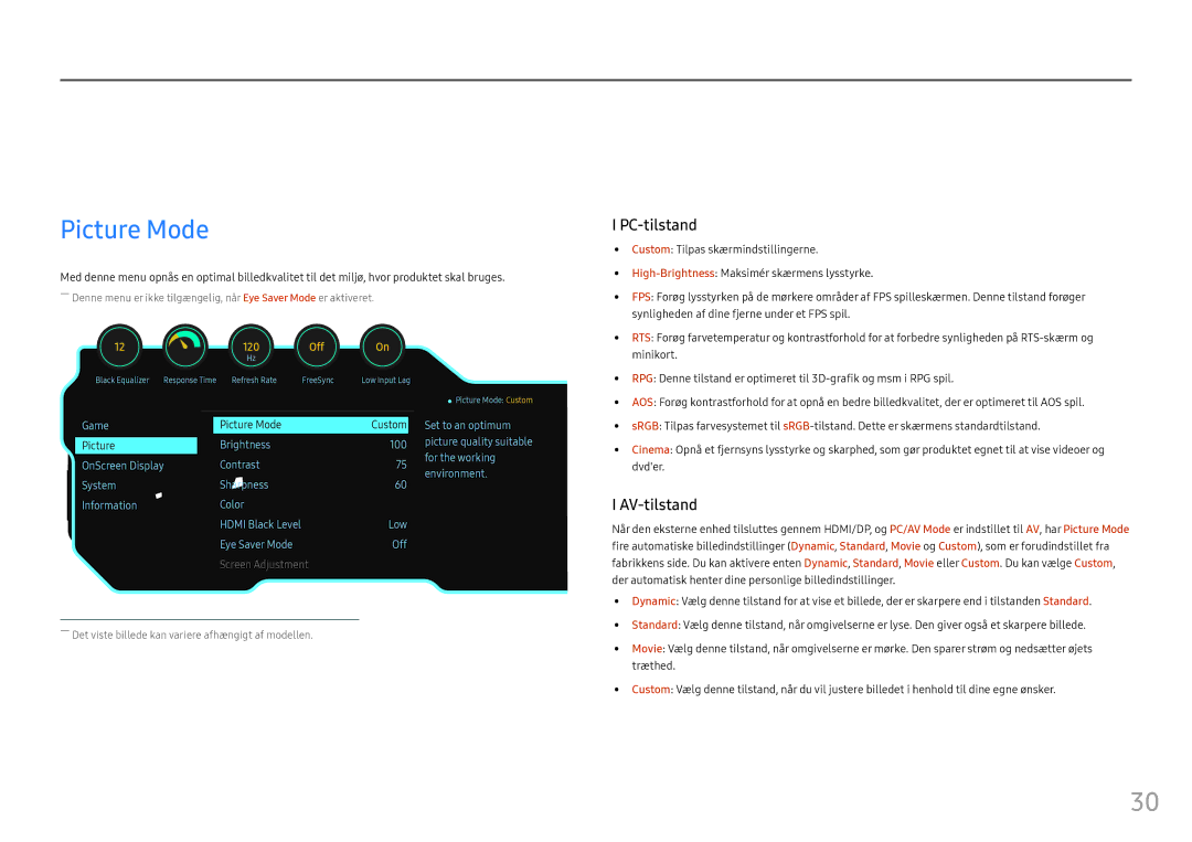 Samsung LC27FG70FQUXEN, LC24FG70FQUXEN manual Skærmopsætning, Picture Mode 