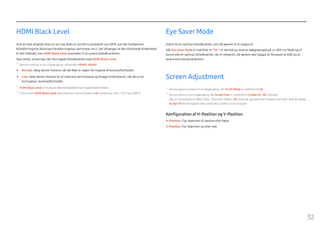 Samsung LC27FG70FQUXEN, LC24FG70FQUXEN manual Hdmi Black Level, Eye Saver Mode, Screen Adjustment 