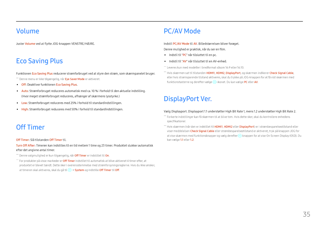 Samsung LC24FG70FQUXEN, LC27FG70FQUXEN manual Volume, Eco Saving Plus, Off Timer, PC/AV Mode, DisplayPort Ver 