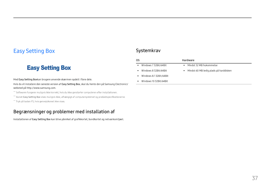 Samsung LC24FG70FQUXEN manual Installation af softwaren, Easy Setting Box, Begrænsninger og problemer med installation af 