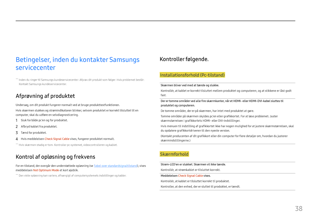 Samsung LC27FG70FQUXEN, LC24FG70FQUXEN Problemløsningsvejledning, Betingelser, inden du kontakter Samsungs servicecenter 