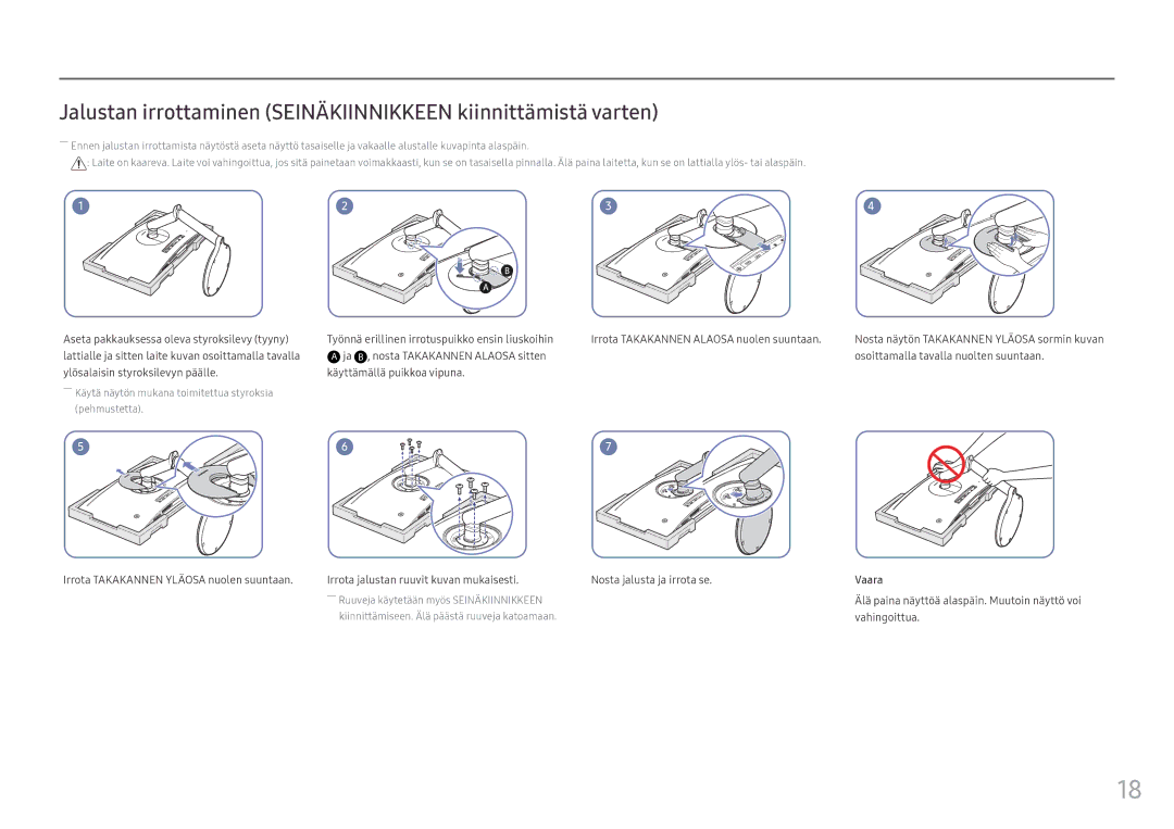 Samsung LC27FG70FQUXEN, LC24FG70FQUXEN manual Jalustan irrottaminen Seinäkiinnikkeen kiinnittämistä varten, Vahingoittua 