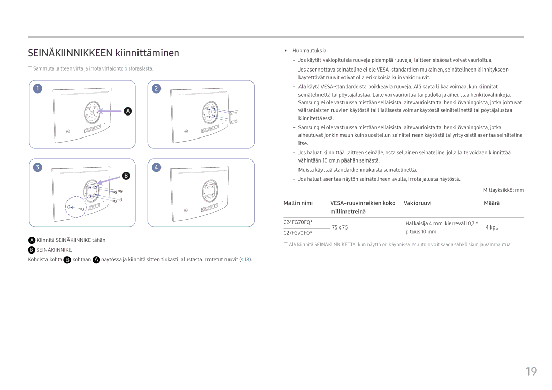 Samsung LC24FG70FQUXEN manual Seinäkiinnikkeen kiinnittäminen, Kiinnitä Seinäkiinnike tähän, Kohdista kohta B kohtaan 