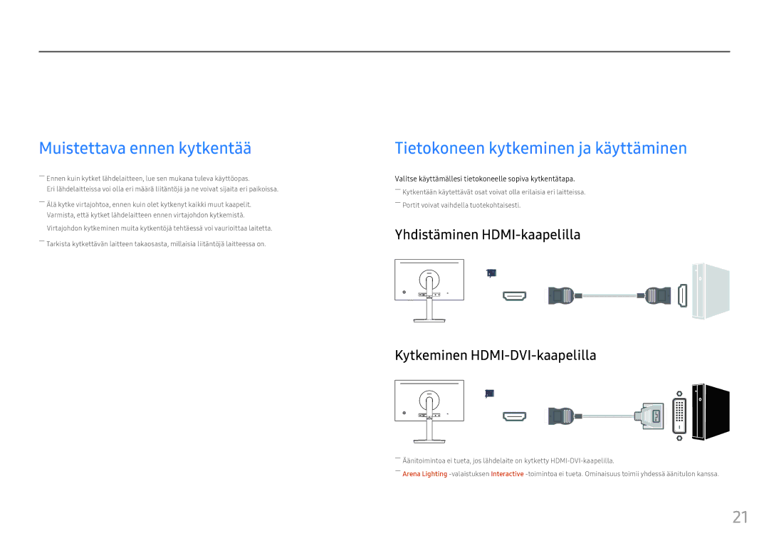 Samsung LC24FG70FQUXEN manual Lähdelaitteen kytkeminen ja käyttö, Muistettava ennen kytkentää, Yhdistäminen HDMI-kaapelilla 