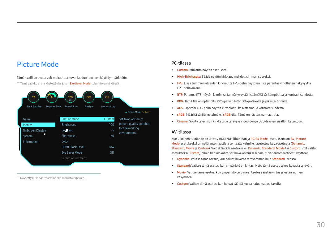 Samsung LC27FG70FQUXEN, LC24FG70FQUXEN manual Näytön asetusten määrittäminen, Picture Mode 