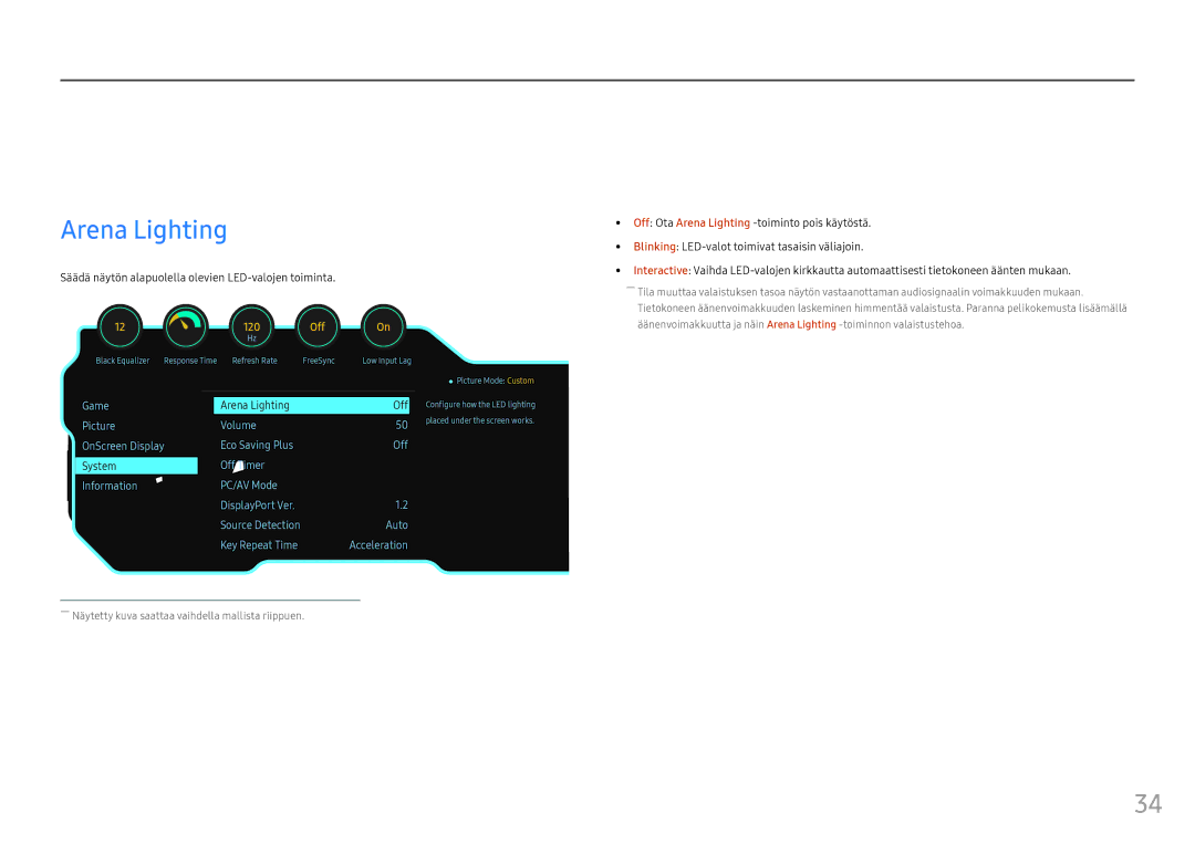 Samsung LC27FG70FQUXEN, LC24FG70FQUXEN manual Asetusten määrittäminen ja palauttaminen, Arena Lighting 