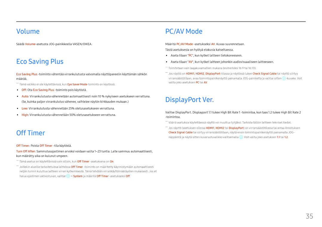Samsung LC24FG70FQUXEN, LC27FG70FQUXEN manual Volume, Eco Saving Plus, Off Timer, PC/AV Mode, DisplayPort Ver 