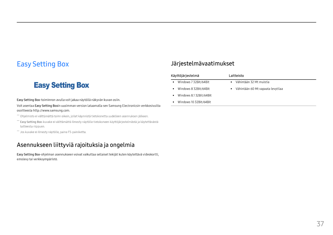 Samsung LC24FG70FQUXEN manual Ohjelmiston asennus, Easy Setting Box, Asennukseen liittyviä rajoituksia ja ongelmia 