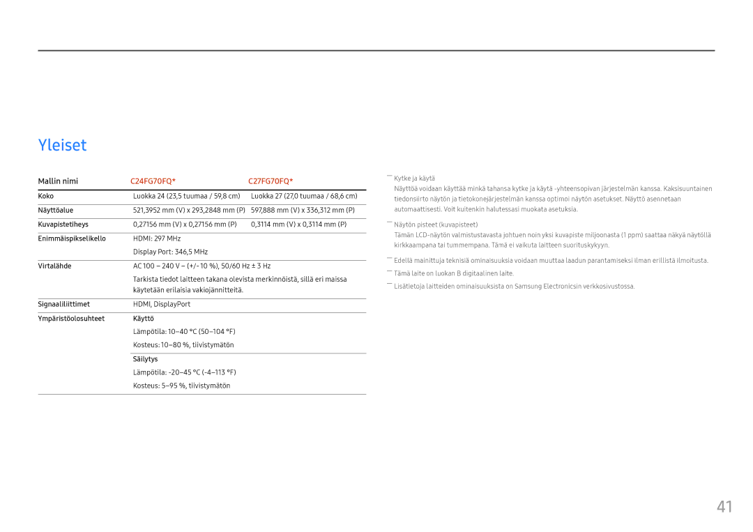 Samsung LC24FG70FQUXEN, LC27FG70FQUXEN manual Tekniset tiedot, Yleiset 