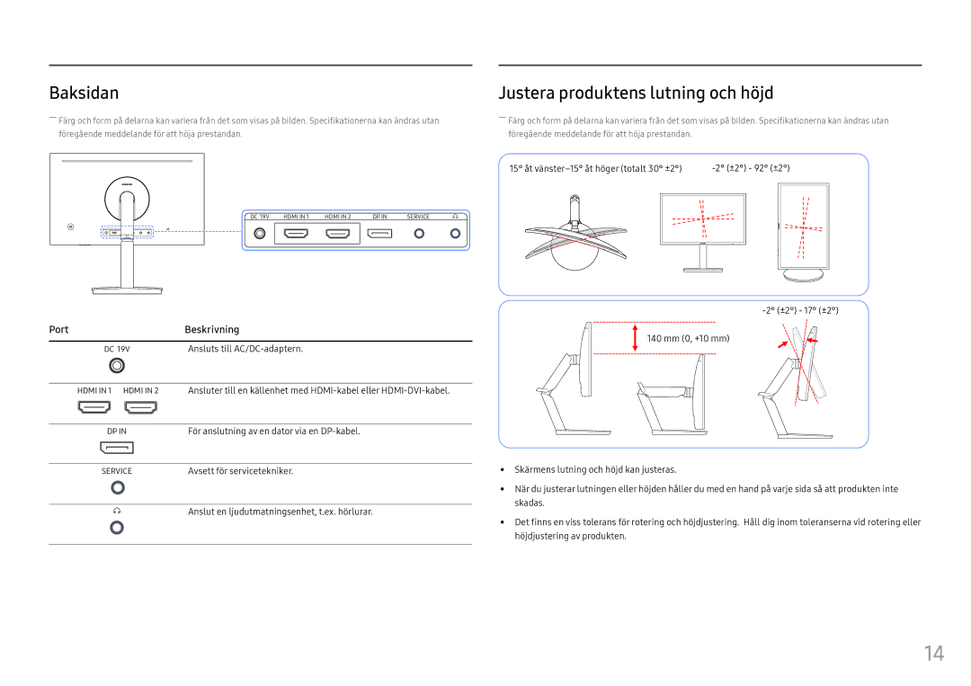 Samsung LC27FG70FQUXEN, LC24FG70FQUXEN manual Baksidan, Justera produktens lutning och höjd, Avsett för servicetekniker 