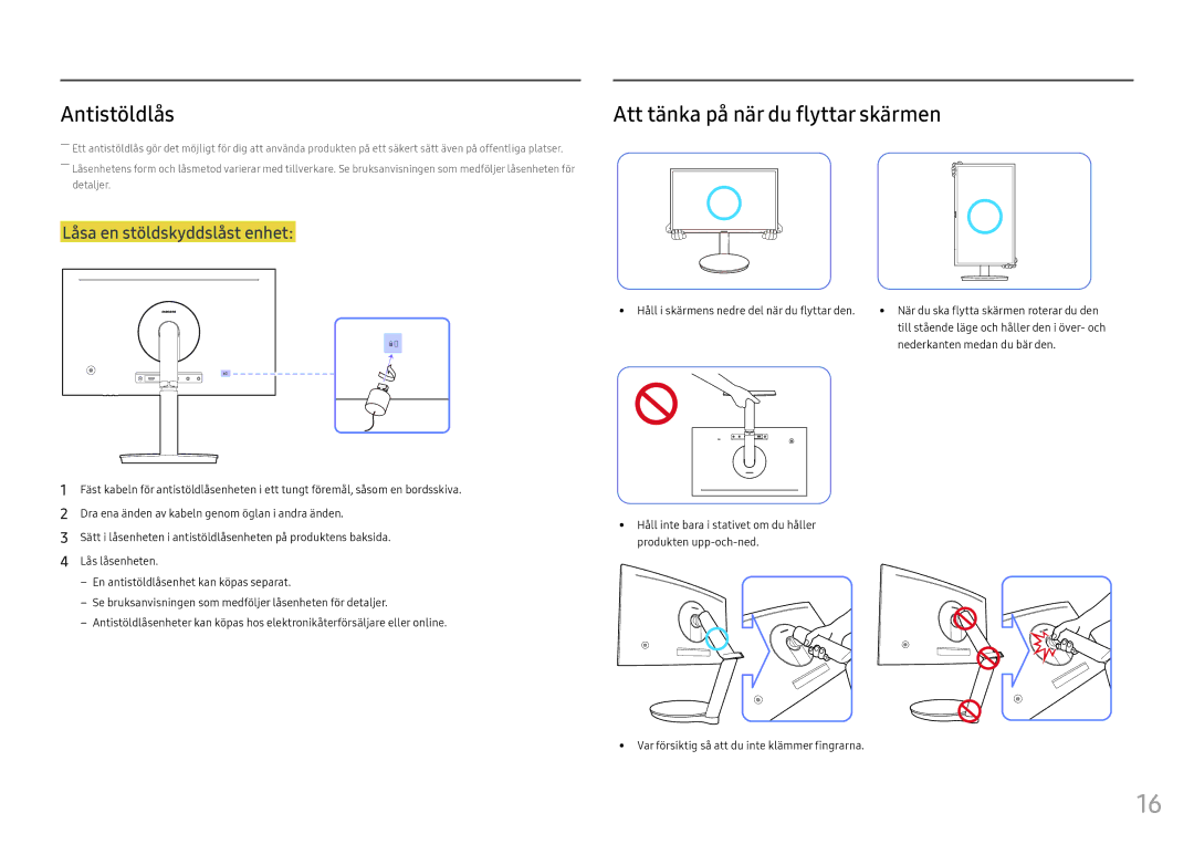 Samsung LC27FG70FQUXEN, LC24FG70FQUXEN Antistöldlås, Att tänka på när du flyttar skärmen, Nederkanten medan du bär den 