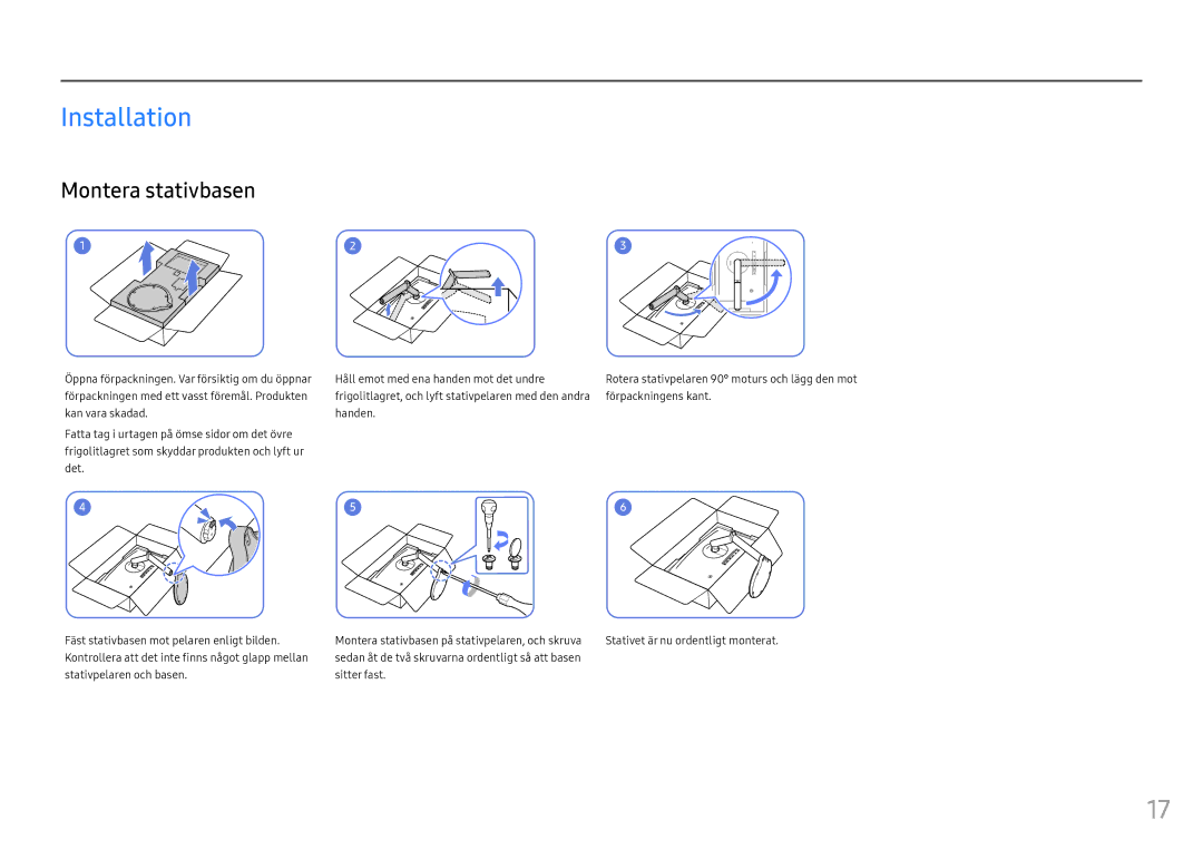 Samsung LC24FG70FQUXEN, LC27FG70FQUXEN manual Installation, Montera stativbasen 