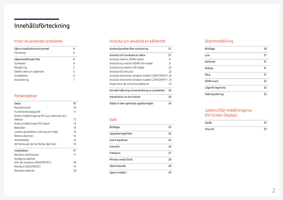 Samsung LC27FG70FQUXEN, LC24FG70FQUXEN manual Innehållsförteckning 