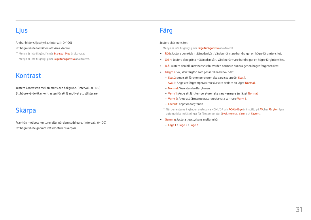 Samsung LC24FG70FQUXEN, LC27FG70FQUXEN manual Ljus, Kontrast, Skärpa, Färg 