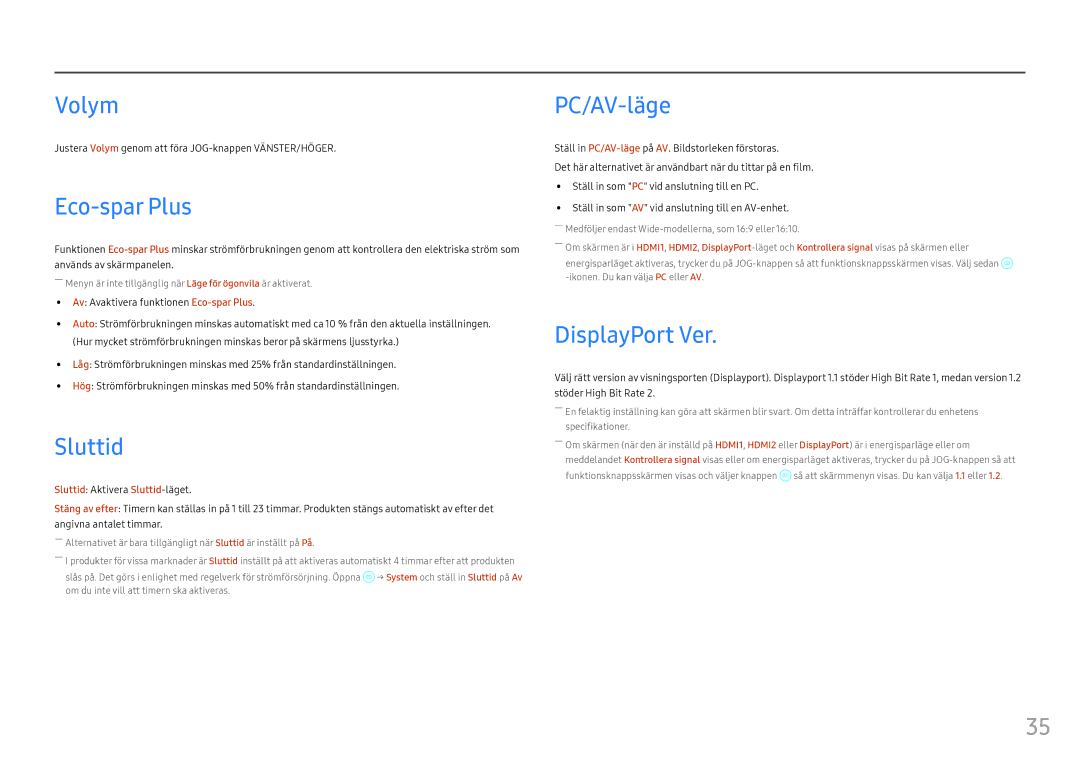 Samsung LC24FG70FQUXEN, LC27FG70FQUXEN manual Volym, Eco-spar Plus, Sluttid, PC/AV-läge, DisplayPort Ver 
