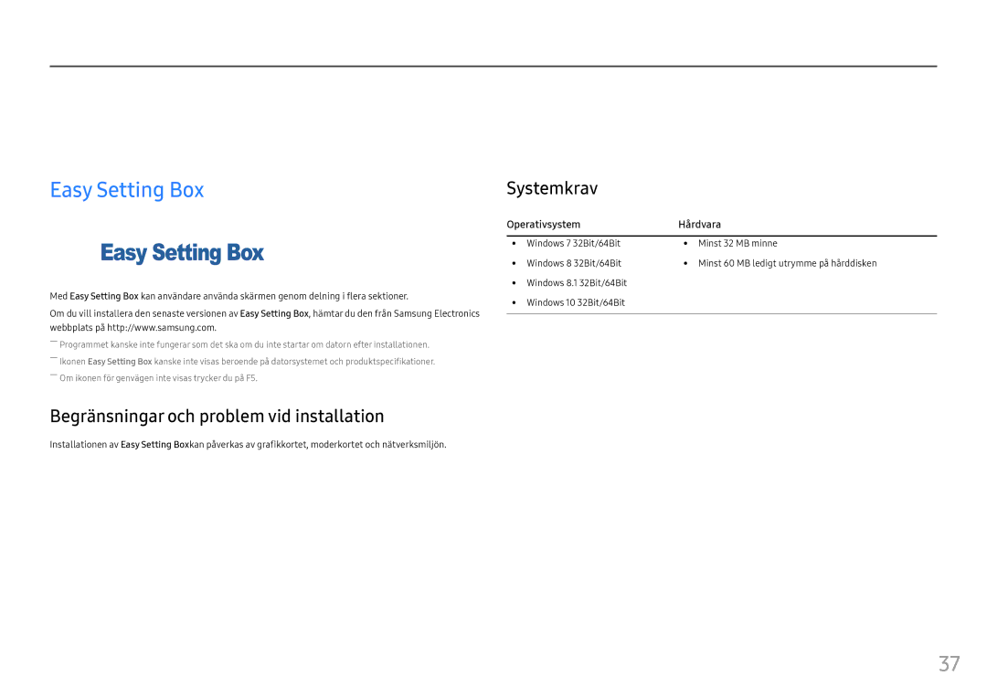 Samsung LC24FG70FQUXEN Installera programmet, Easy Setting Box, Begränsningar och problem vid installation, Systemkrav 