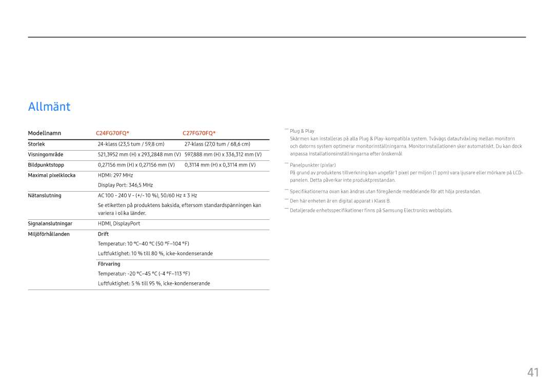 Samsung LC24FG70FQUXEN, LC27FG70FQUXEN manual Specifikationer, Allmänt 